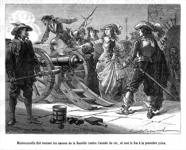 La Fronde. La Grande Mademoiselle fait tourner les canons de la Bastille contre l'armée du roi (Louis XIV) et met le feu à la première pièce.