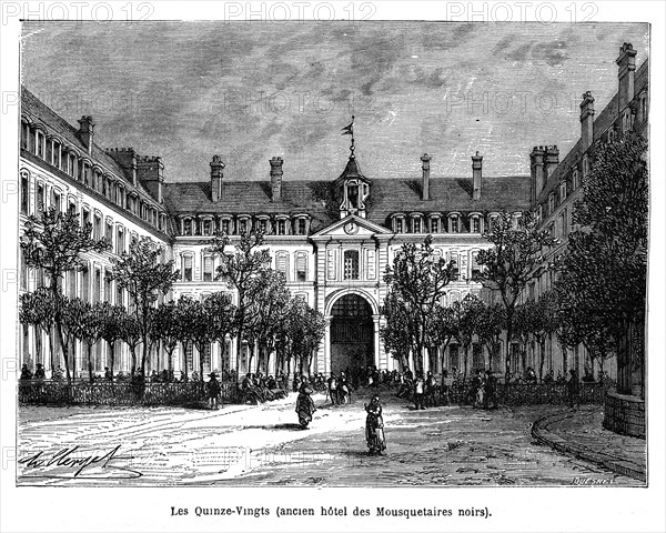 Révolution française. Les Quinze-Vingts (ancien hôtel des Mousquetaires noirs). Le Centre hospitalier national d’ophtalmologie des Quinze-Vingts est actuellement situé 28 rue de Charenton, dans le 12e arrondissement de Paris.
L'hôpital des Quinze-Vingts a donné son nom au quartier des Quinze-Vingts, 48e quartier de Paris et l'un des 4 quartiers du 12e arrondissement de Paris.
Il a été fondé en 1260 par saint Louis (Louis IX de France) et était alors situé rue Saint-Honoré où il reste jusqu'en 1780. Le but était de recueillir les aveugles de Paris qui étaient fort en détresse. Le fait que lors de la septième croisade, qu'il mena, certains des Croisés eurent les yeux crevés joua certainement un rôle dans cette fondation.
Le nom de Quinze-Vingts veut dire trois cents (15 × 20 = 300) dans le système de numération vicésimal et, de fait, l'hospice comprenait trois cents lits.