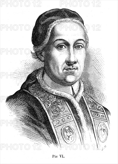 Giannangelo, comte Braschi, né à Césène, en Romagne, le 25 décembre 1717, mort à Valence le 29 août 1799, pape sous le nom de Pie VI (nom latin : Pius VI ; nom italien : Pio VI) du 15 février 1775 à sa mort.
