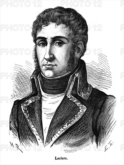 Charles Victor Emmanuel Leclerc. Général français (Pontoise 1772-Cap-Français, Saint-Domingue, 1802).
Ami de Bonaparte, dont il épousa la sœur Pauline, il participa au coup d'État de Brumaire puis servit sous Moreau en Allemagne (1800). Il obtint la soumission de Toussaint Louverture lors de l'expédition du Saint-Domingue (1802).