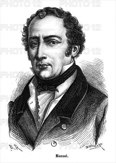 Jacques-Antoine Manuel (1775-1827) est un avocat et homme politique libéral français du début du XIXe siècle. En 1815, il fut élu député des Basses-Alpes malgré lui, mais finit par l'accepter. En 1818, il fut réélu député, mais étrangement non des Basses-Alpes, mais du Finistère et de Vendée.Grand orateur, ses opinions lui valurent beaucoup d'ennemis parmi les députés ultras. Il devint l'ami du libéral Louis-Adolphe Robin-Morhéry. Réélu député de Vendée en 1820 et 1823, les députés ultra demandèrent son exclusion le 27 février 1823. En effet, ce jour là il prononça un discours sur l'expédition d'Espagne, dans lequel certains virent une justification de la déchéance de Louis XVI en 1792. Manuel fut officiellement expulsé de la Chambre. Bravant sa déchéance, il revint le lendemain. Il prononça alors sa fameuse phrase :
"Mr le Président, j'ai annoncé hier que je ne céderais qu'à la violence, aujourd'hui je viens tenir ma parole".
Il fallut faire appel à la gendarmerie pour l'expulser de f...