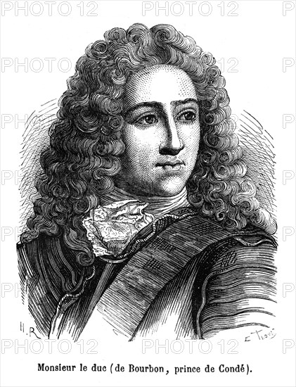 Monsieur le duc de Bourbon, prince de Condé. Louis IV Henri de Bourbon-Condé, (né à Versailles le 18 août 1692 et mort à Chantilly le 27 janvier 1740) duc de Bourbon, 7e prince de Condé (1710), duc de Bourbon, duc d'Enghien et duc de Guise, Pair de France, duc de Bellegarde et comte de Sancerre (1710-1740).