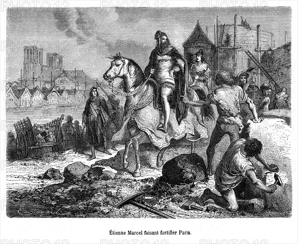 Étienne Marcel, né entre 1302 et 1310 et mort à Paris le 31 juillet 1358, est prévôt des marchands de Paris sous le règne de Philippe VI de Valois puis sous celui de son fils Jean le Bon. Il se retrouve à la tête du mouvement réformateur qui cherche à instaurer une monarchie contrôléeen France en 1357, en affrontant le pouvoir royal exercé par le dauphin. Délégué du tiers état, il joue un rôle considérable au cours des états généraux tenus en pleine guerre de Cent Ans. Etienne Marcel faisant fortifier Paris.