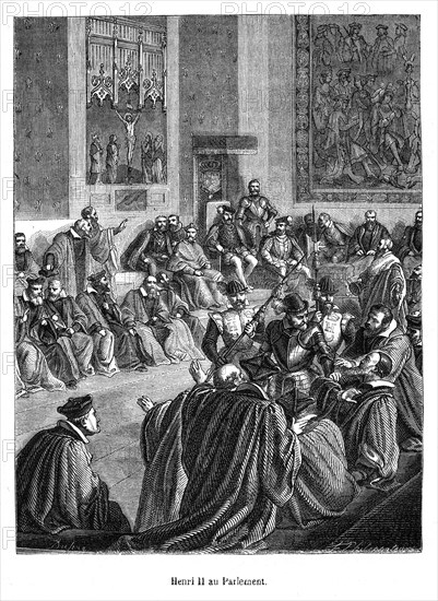 Henri II (né à Saint-Germain-en-Laye, le 31 mars 1519 et mort le 10 juillet 1559 à Paris), est roi de France de 1547 à sa mort. Deuxième fils de François Ier et de Claude de France, il devient l'héritier du trône à la mort de son frère aîné en 1536. Il reçoit alors les titres de dauphin et de duc de Bretagne. Couronné roi de France le 25 juillet 1547 à Reims, il prend comme emblème le croissant de lune, qui est depuis toujours celui de la maison d'Orléans ; dont est issu Henri II étant le fils cadet de François 1er (et non pas l'emblème de Diane de Poitiers, comme on a pu souvent le croire). Ses devises sont : Plena est œmula solis, (L'émule du soleil est pleine), et Donec totum impleat orbem, (Jusqu'à ce qu'elle remplisse le monde entier). Henri II au Parlement.