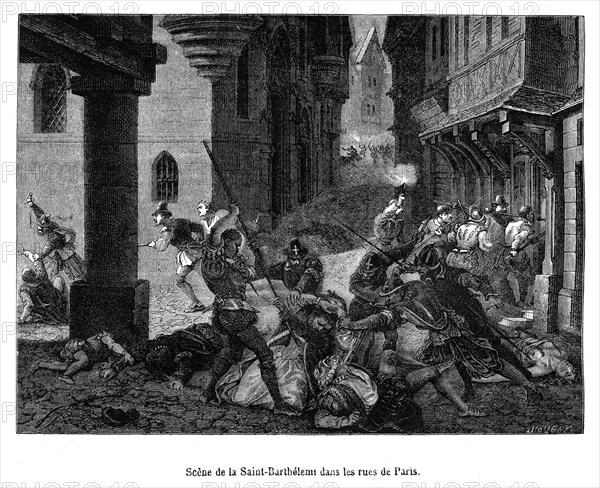 Scène de la Saint-Barthélémy dans les rues de Paris. Le massacre de la Saint-Barthélemy est le massacre perpétré à Paris par les catholiques sur les protestants le 24 août 1572, jour de la Saint-Barthélemy. Ce massacre s'est prolongé dans la capitale pendant plusieurs jours, puis s'est étendu à plus d'une vingtaine de villes de province durant les semaines suivantes.