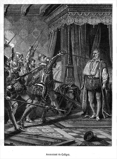 Assassinat de Coligny. Gaspard de Coligny (16 février 1519 à Châtillon-sur-Loing–24 août 1572 à Paris) comte de Coligny, baron de Beaupont et Beauvoir, Montjuif, Roissiat, Chevignat et autres lieux, seigneur de Châtillon, amiral de France. Il est l'un des membres les plus connus de l'illustre maison de Coligny.