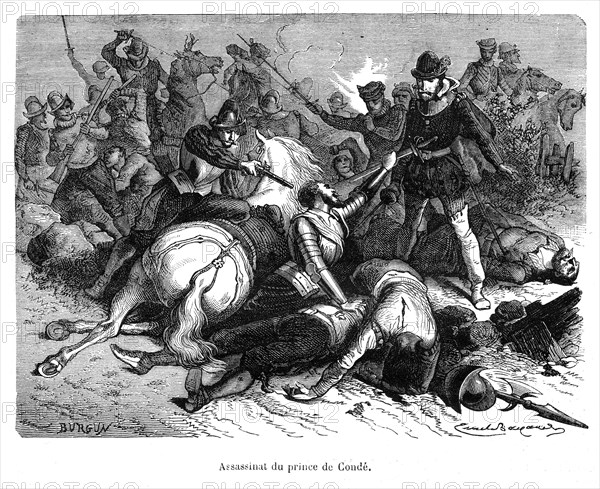 Assassinat du prince de Condé. Louis Ier de Bourbon, prince de Condé, duc d'Enghien (Vendôme, 7 mai 1530 – Jarnac, 13 mars 1569) est un général huguenot à l'origine de la maison de Condé.