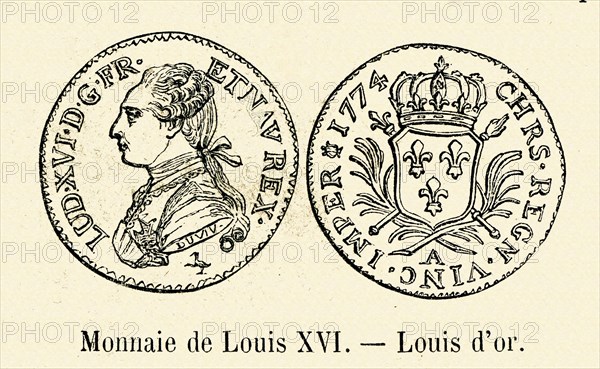 Louis XVI. Monnaie. Louis d'or. Gravure 19e.