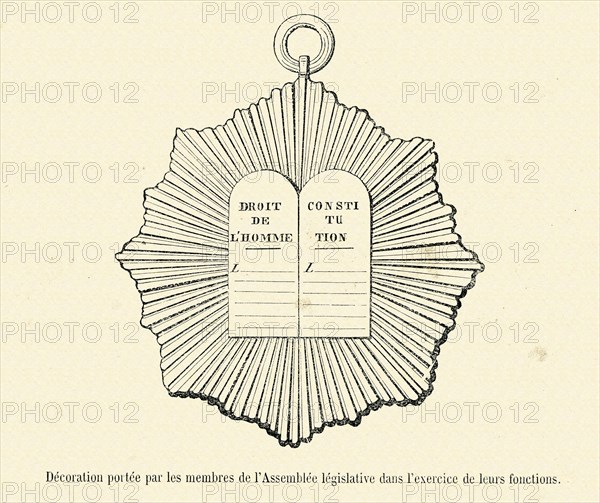 Révolution. Décoration portée par les membres de l'Assemblée législative dans l'exercice de leurs fonctions. Gravure 19e.