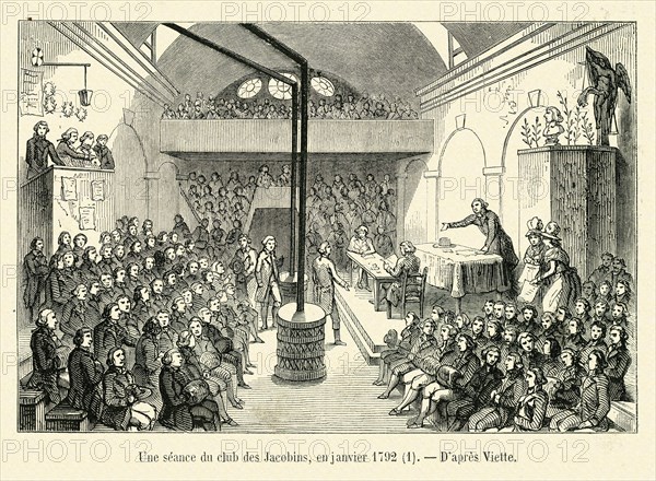 Révolution. Une séance au club des Jacobins, en janvier 1792. Gravure 19e.