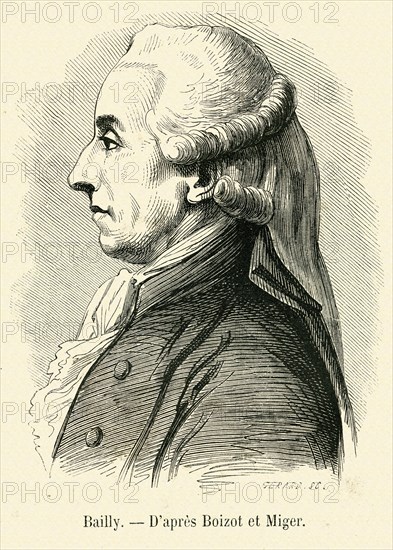 Révolution. Bailly. Jean Sylvain Bailly. Paris 1736 - Paris 1793. Astronome et homme politique français. Doyen du tiers état, il lut le serment du Jeu de paume (20 juin 1789). Maire de Paris (1789 - 1791), il fit tirer sur les manifestants qui, assemblés au Champ-de-Mars, demandaient la déchéance de Louis XVI. Arrêté en 1793, il fut guillotiné. Il a laissé une Histoire de l'astronomie. (Académie française.).Gravure 19e.