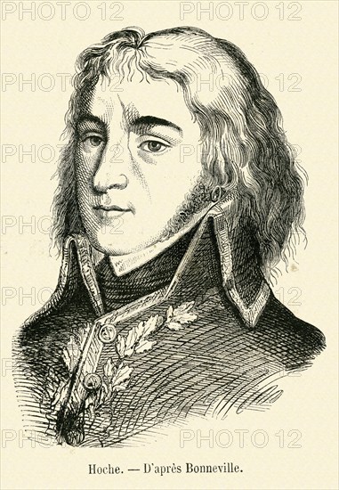Révolution. Louis Lazare Hoche, né le 25 juin 1768 à Versailles, et mort le 19 septembre 1797 à Wetzlar (Prusse), est un général français de la Révolution. Gravure 19e.