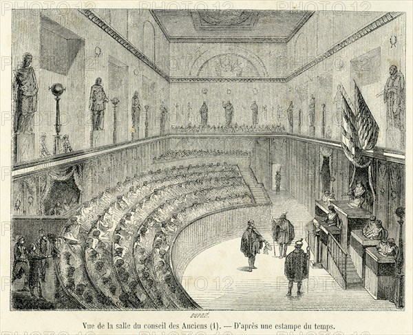 Révolution. Vue de la salle du conseil des Anciens.  Gravure 19e.