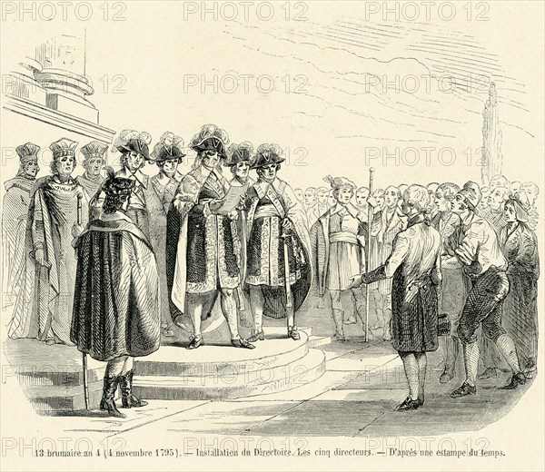 Révolution. 13 brumaire an 4 (4 novembre 1795). Installation du Directoire. Les cinq directeurs. Gravure 19e.