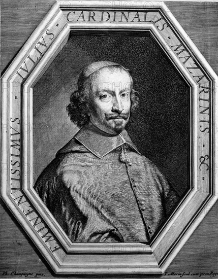 Jules Mazarin (vrai nom en italien : Giulio Mazarino), (1602-1661), mieux connu sous le nom de Cardinal Mazarin fut un habile diplomate et homme politique, d'abord au service de la Papauté, puis des rois de France. Il succéda à Richelieu. Gros plan.