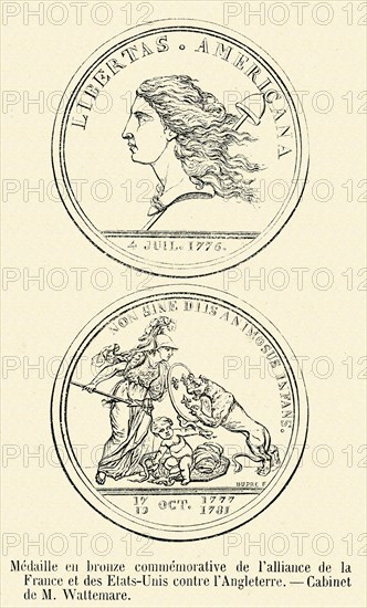 Révolution. Médaille en bronze commémorative de l'alliance de la France et des Etats-Unis contre  l'Angleterre. Gravure 19e.