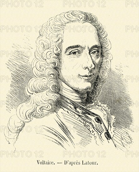 Écrivain et philosophe français, Voltaire, de son vrai nom François Marie Arouet, est né le 21 novembre 1694 (quoiqu'il prétendît être né le 20 février de cette année-là) à Paris où il meurt le 30 mai 1778, Voltaire ne s'est jamais marié et n'a jamais eu d'enfants. Il est admis à l'Académie française en 1746. Gravure 19e.