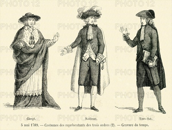 5 mai 1789. Costumes des représentants des trois ordres. Clergé, Noblesse et Tiers état. Gravure 19e.