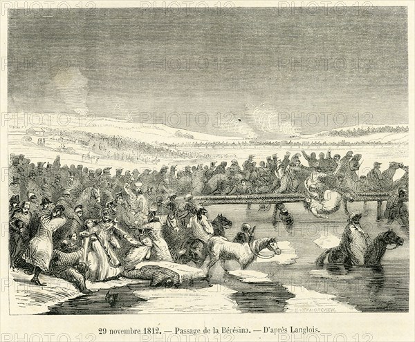 29 novembre 1812. Passage de la Bérésina. Russie. D'après Langlois.