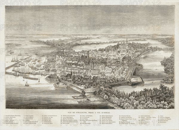 Vue de Stralsund. Stralsund est une ville du Mecklembourg-Poméranie occidentale, partie de la Poméranie, au nord de l'Allemagne. La ville se trouve sur le Strelasund, un bras de la Mer Baltique entre l'île de Rügen et le continent. Au vu de sa situation, la ville est parfois surnommée « le port de Rügen ».
Avec ses 59 140 habitants (31.12.2003), elle fait partie des plus grandes villes de la région de Poméranie. Elle vit principalement du tourisme. Parmi les attractions les plus connues, on peut citer le Musée de la mer allemand, le parc aquatique, le port de plaisance, la place du vieux marché (Alter Markt) avec l'hôtel de ville et l'église St-Nicolas, la nouvelle place du marché, l'église St-Marie, etc.