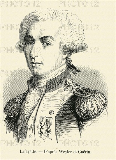 Révolution. Marie Joseph Gilbert Motier, marquis de La Fayette. Chavaniac, Haute-Loire, 1757 - Chavaniac, Haute-Loire 1834. Général et homme politique français. Dès 1777, il prit une part active à la guerre de l'Indépendance en Amérique aux côtés des insurgés. Député aux États généraux (1789), commandant de la Garde nationale, il apparut comme le chef de la noblesse libérale, désireuse de réconcilier la royauté avec la Révolution. Émigré de 1792 à 1800, il refusa tout poste officiel sous l'Empire. Député libéral sous la Restauration, mis à la tête de la Garde nationale en juillet 1830, il fut l'un des fondateurs de la monarchie de Juillet, dont il se détacha bientôt.. Gravure 19e.