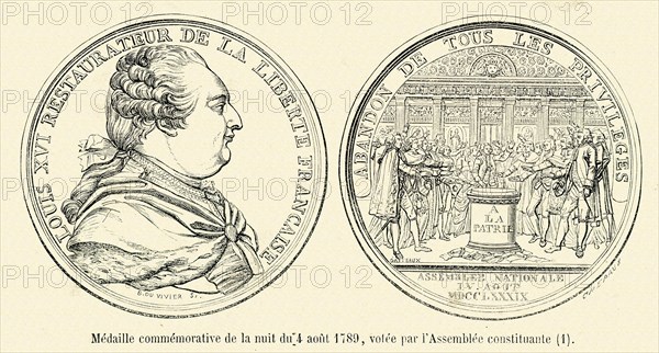 Révolution. Médaille commémorative de la nuit du 4 ao^put 1789, votée par l'Assemblée constituante. Gravure 19e.