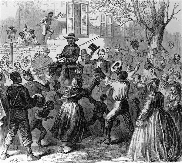 L'Amérique au 19e siècle. Le 4 avril 1865. Abraham Lincoln (1809-1865) parcourt en calèche, tromphalement, les rue de Richmond (Virginie), capitale des Confédérés.