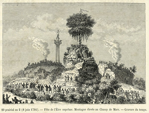 Révolution. 20 prairial an 2 (8 juin 1794). Fête de l'Etre suprême. Montagne élevée au Champ de Mars. Gravure 19e.