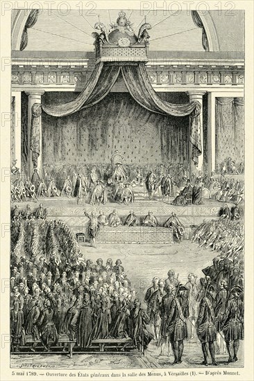 Révolution. 5 mai 1789. Ouverture des Etats généraux dans la salle des Menus, à Versailles. Gravure 19e.