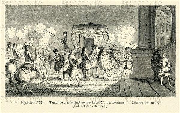 5 janvier 1757. Tentative d'assassinat contre Louis XV par Damiens. Gravure 19e.