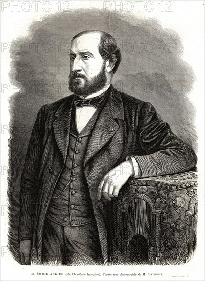 1864. Guillaume Victor Émile Augier, né le 17 septembre 1820 à Valence et mort le 25 octobre 1889 à Croissy-sur-Seine, est un poète et dramaturge français. Petit-fils du romancier Guillaume Pigault-Lebrun, Emile Augier naît à Valence dans un milieu de bonne bourgeoisie bien-pensante. Il reçoit une éducation soignée et lorsque sa famille s'installe à Paris en 1828, il poursuit des études brillantes au lycée Henri IV, où il a comme condisciple le duc d'Aumale, puis à la faculté de droit et se destine d'abord au barreau, tout en ébauchant des pièces de théatre. En 1844, son drame La ciguë, refusé par la Comédie-Française, a un énorme succès à l'Odéon.