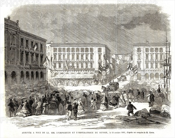 Arrivée à Nice, l'Empereur et l'Impératrice de Russie, le 21 octobre 1864.