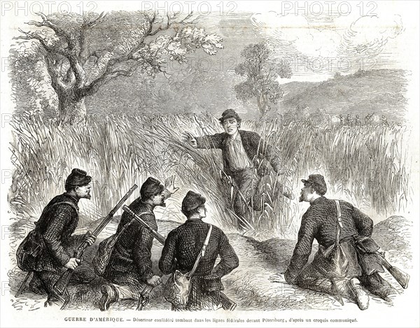 Guerre d'Amérique. Déserteur confédéré tombant dans les lignes fédérales devant Pétersburg (1864).