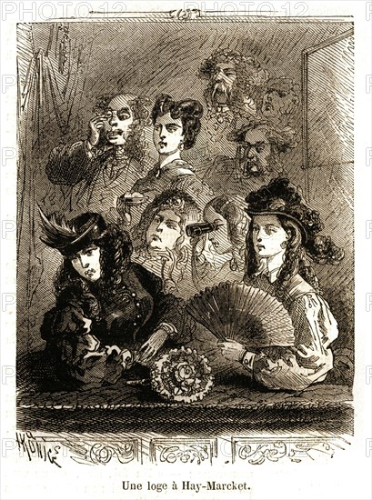 Caricature. La vie quotidienne des Anglais. Angleterre. Une loge à Hay-Market (1864).