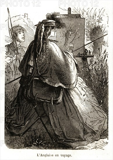 Angleterre. Caricature. La vie quotidienne des Anglais. La vie quotidienne des Anglais. L'Anglaise en voyage (1864).