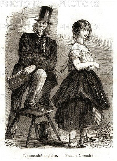Angleterre. Caricature. La vie quotidienne des Anglais. L'humanité anglaise: Femme à vendre  (1864).