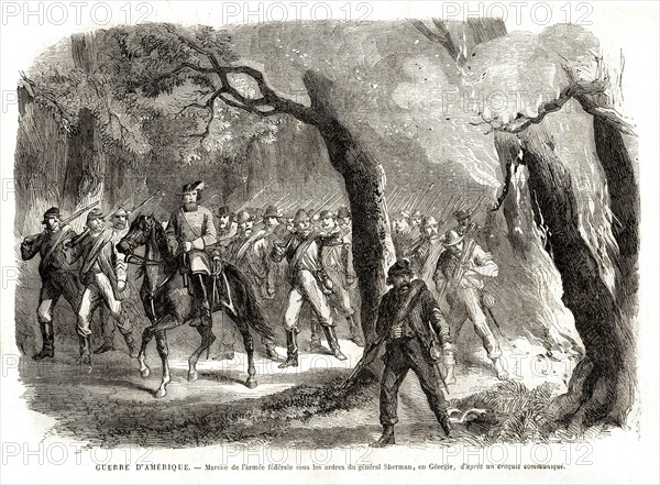 1864. Guerre de Sécession. Marche de l'armée fédérale sous les ordres de Sherman, en Géorgie.