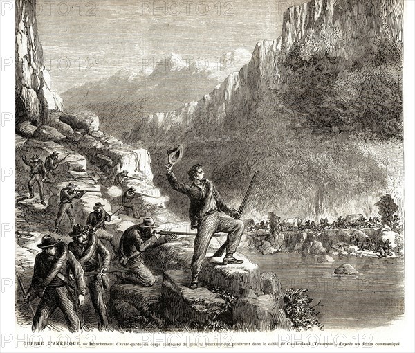 1864. Guerre de Sécession. Amérique. Détachement d'avant-garde du corps confédéré du général Breckenridge pénétrant dans le défilé de Cumberland (Tenessee).