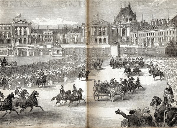 Sa Majesté le roi d'Espagne et la Cour des Tuileries entrant au Palais de Versailles. 1864.