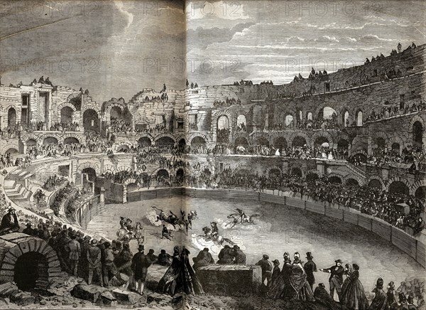 Une course de taureaux dans les arènes de Nîmes. 1864.