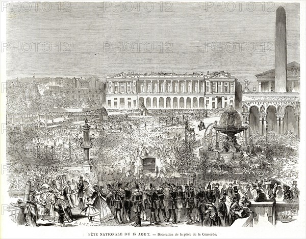 1864. Fête  nationale du 15 août. Décoration de la place de la Concorde.