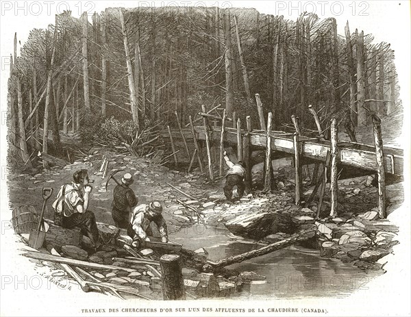 1864. Travaux des chercheurs d'or sur l'un des affluents de la Chaudière (Canada).