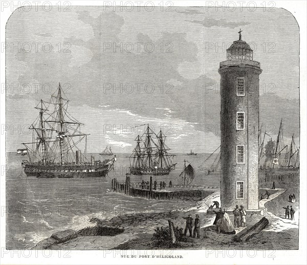 Vue du port d'Héligoland. 1864. L'archipel d'Heligoland (Helgoland en allemand) se trouve au sud-est de la mer du Nord. Il a appartenu successivement au Danemark, puis à la Grande-Bretagne, qui le cède à l'Allemagne en 1890 en vertu du traité Heligoland-Zanzibar. Composé de plusieurs petites îles, dont aucune ne dépasse 1 km2 de superficie, il est peuplé d'environ 1 650 habitants. Il fait partie du land de Schleswig-Holstein.