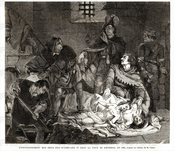 Angleterre. Ensevelissement des deux fils d'Edouard IV dans la Tour de Londres, en 1483. Gravure 19e.