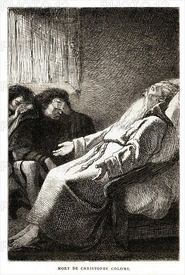 La mort de Christophe Colomb. Gravure 19e.