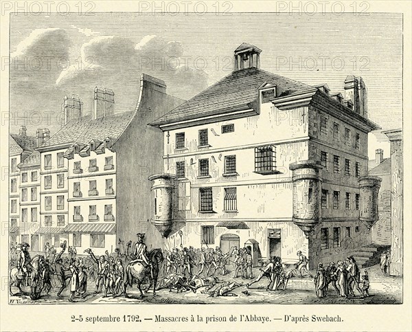 Révolution. 2-5 septembre 1792. Massacres à la prison de l'Abbaye. Gravure 19e.
