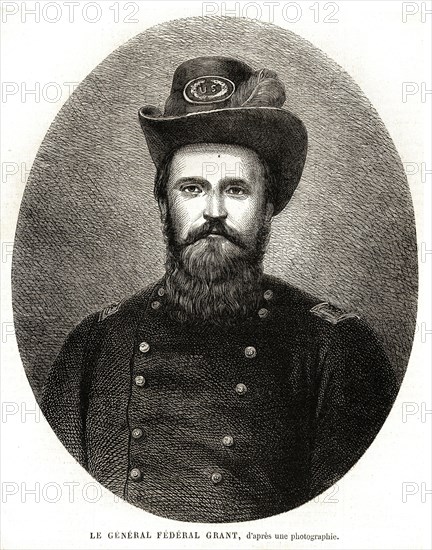 Guerre de Sécession (1864).  Ulysses Simpson Grant (1822-1885) est un général américain, chef d'état-major des troupes de l'Union lors de la Guerre de Sécession et le dix-huitième président des États-Unis d'Amérique. Il est élu pour deux mandats consécutifs de 1869 à 1877. Bien que compétent en tant que général, il est considéré par beaucoup d'historiens comme étant l'un des plus mauvais présidents des États-Unis. Il a dirigé une administration infestée par de graves scandales et la corruption. Les historiens s'accordent toutefois pour dire que U. Grant était lui-même intègre et que le blâme doit retomber sur son gouvernement.