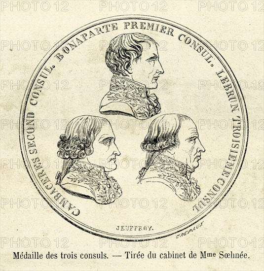 Médaille des trois consuls. Consulat. Le Consulat, issu du Coup d'État du 18 Brumaire an VIII de la République française (9 novembre 1799), établit avec la Constitution de l'an VIII un régime politique autoritaire dirigé par trois consuls et en réalité par le Premier Consul Napoléon Bonaparte. Il dura jusqu'au 18 mai 1804, date de la proclamation de l'Empire.