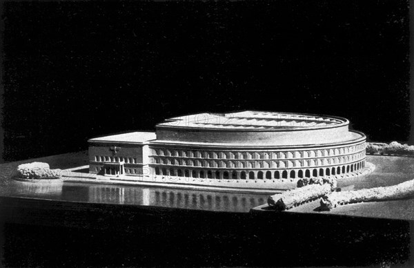 Adolf Hitler. Entwurf für die Kongreßhalle auf dem Reichparteitaggelände in Nürnberg. Maquette du Palais des Congrès du Parti à Nuremberg.