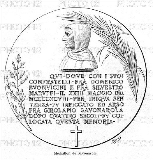 Médaillon de Savonarole. Gravure.